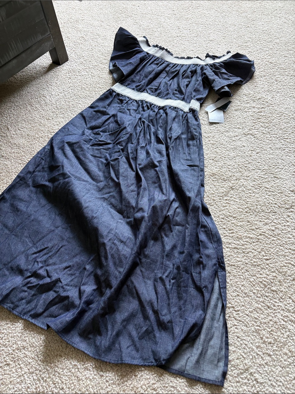 Gabby Skye Navy Blue Off-Shoulder Midi Dress